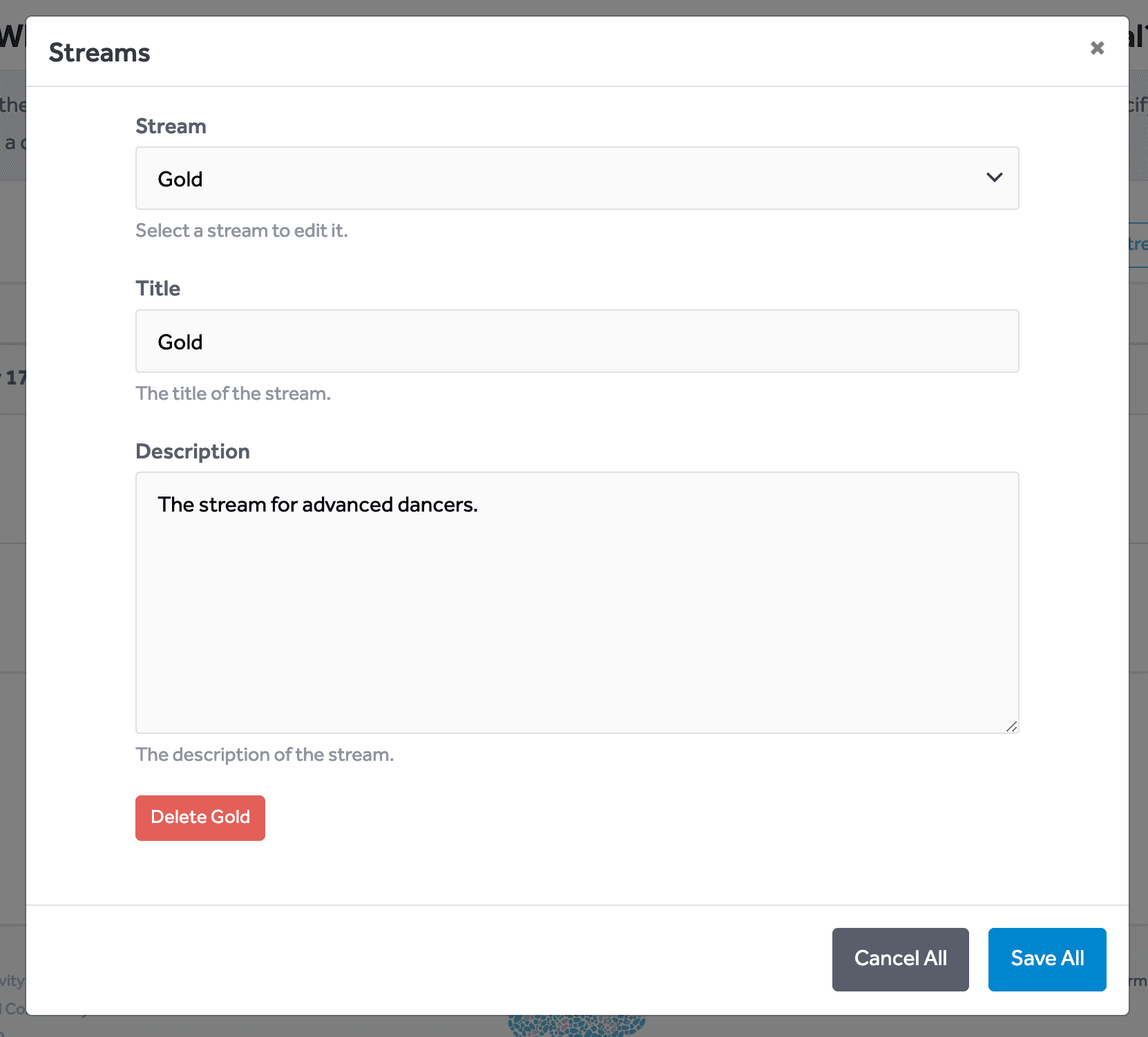 Edit Streams Modal