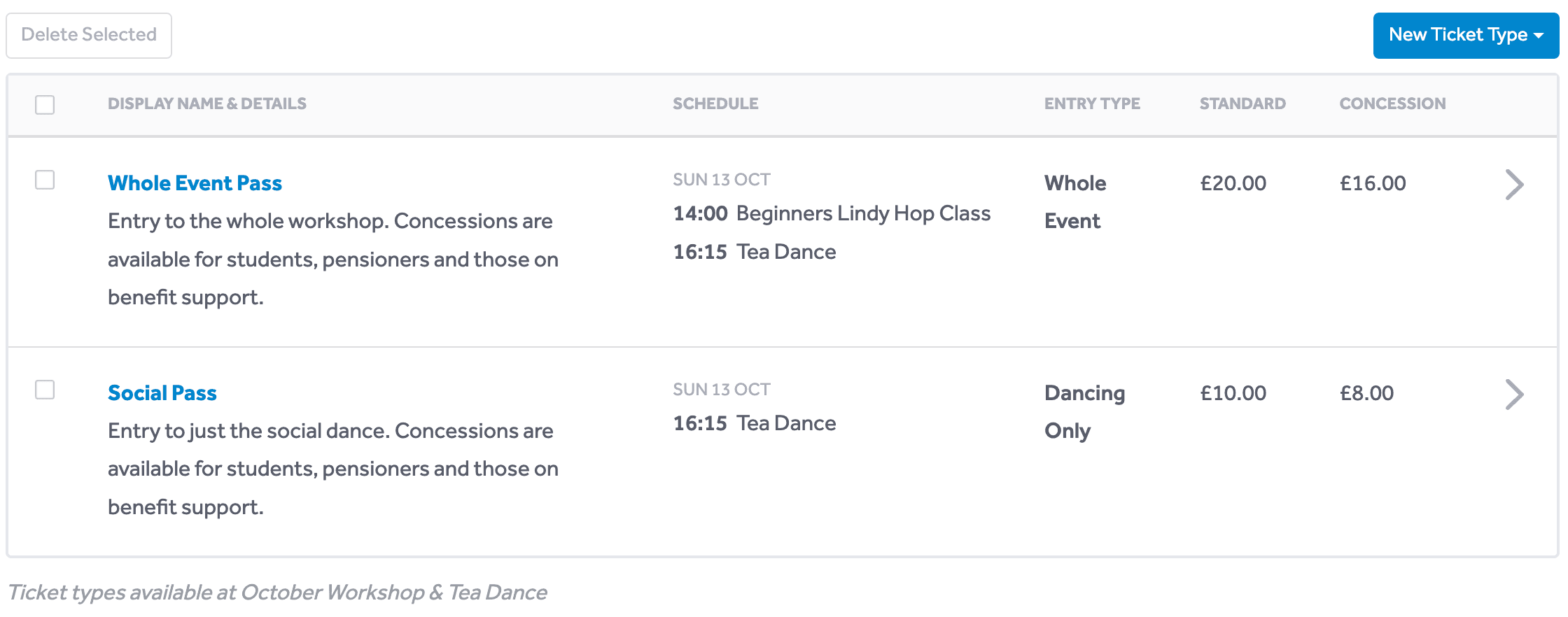 Ticket types for a dance event, listed in a DanceCloud organiser account
